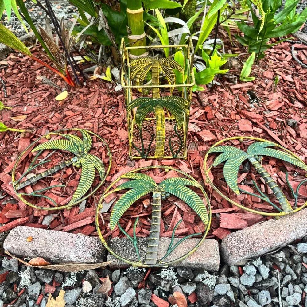 Vintage Palm Tree Metal Wall Art & Holder Set NWOT Tropical Coastal Decor